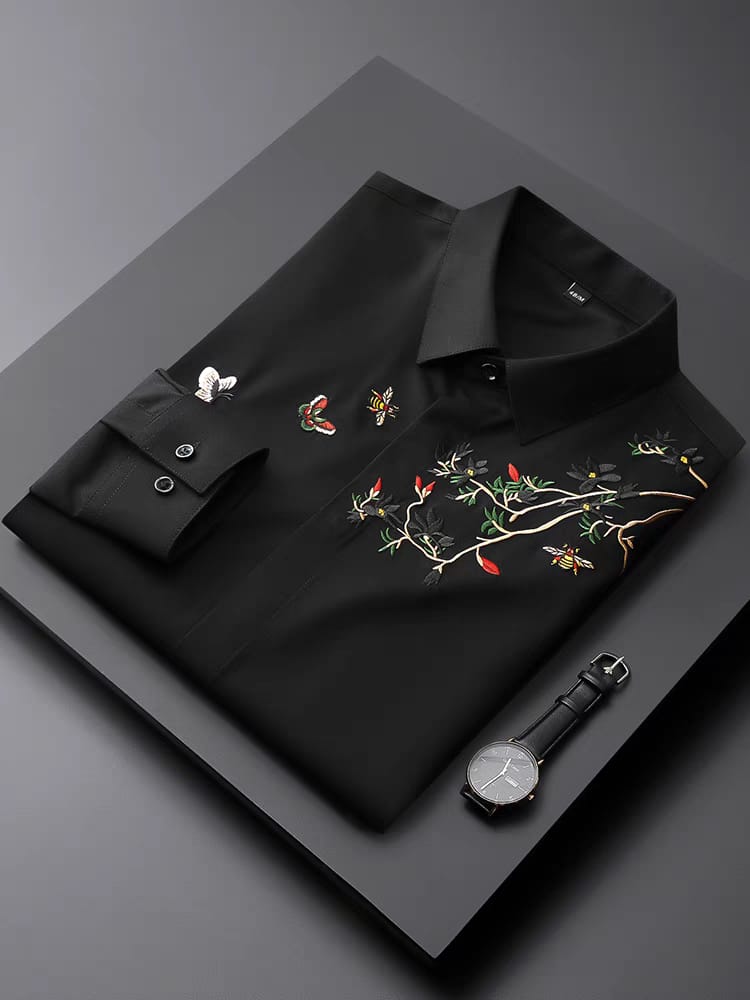 Men's Black Flower Embroidered Logo Shirt - Goamen
