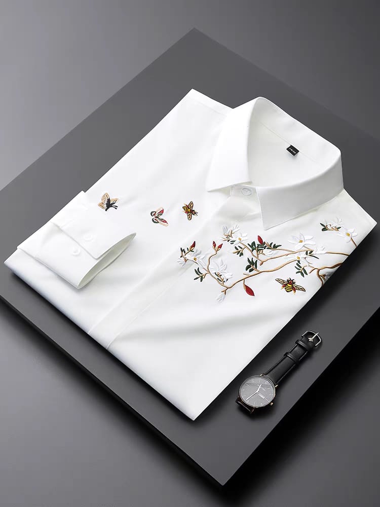 Men's White Flower Embroidered Logo Shirt - Goamen