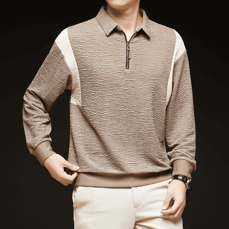 Men’s Brown Zipper Polo T-Shirt – Textured Contrast Panel Design - Goamen
