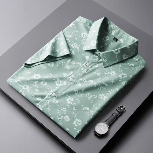 Men's Pista Green Flower Printed Regular Fit Shirt - Goamen