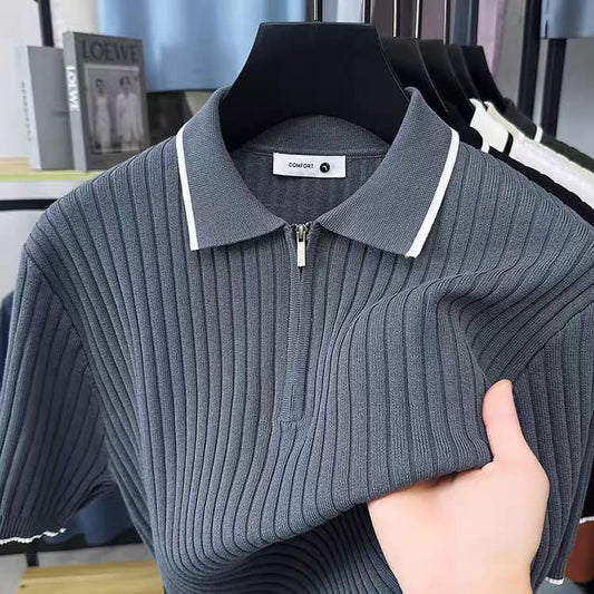 Men's Grey Woolan Zip Half Sleeve T-Shirt - Goamen