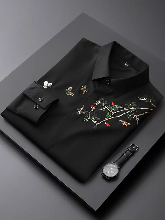 Men's Black Flower Embroidered Logo Shirt - Goamen