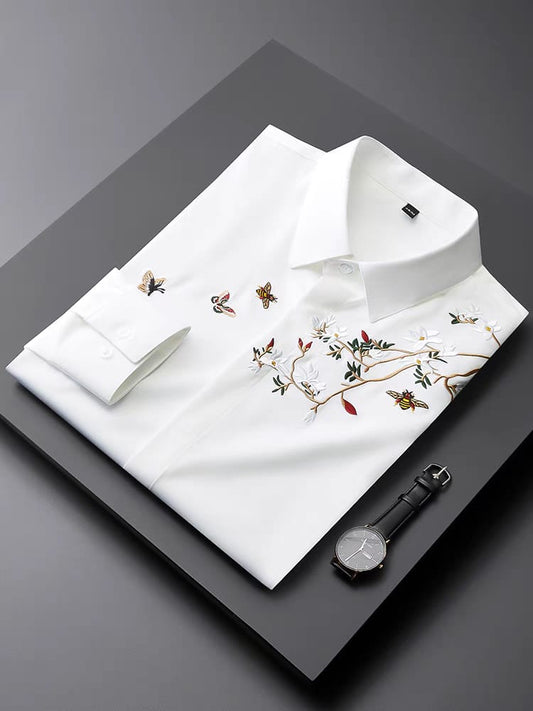 Men's White Flower Embroidered Logo Shirt - Goamen