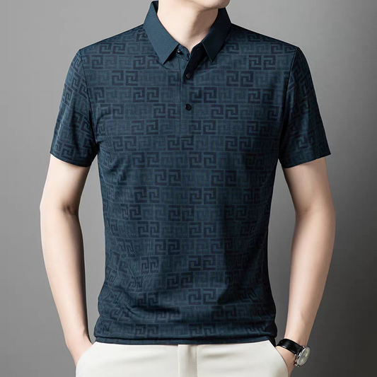 Men’s Navy Blue Geometric Pattern Polo T-Shirt - Goamen