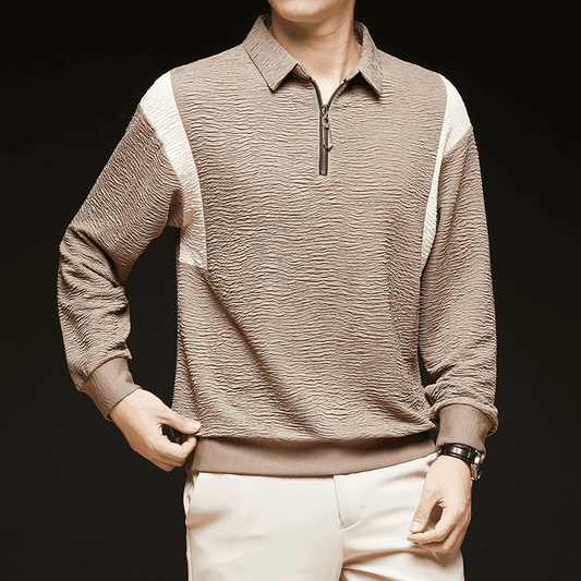 Men’s Brown Zipper Polo T-Shirt – Textured Contrast Panel Design - Goamen